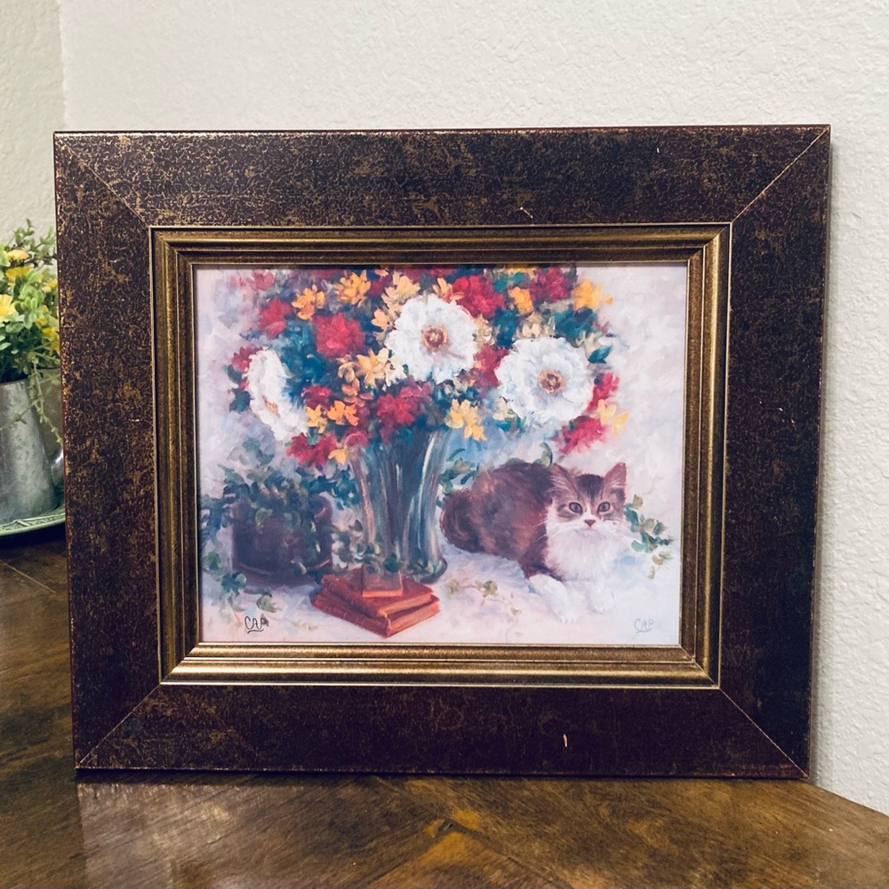 Vintage Framed Cat Flowers Art Print Signed CAP Cottagecore Grandmacore